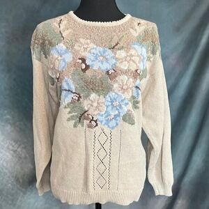 Jantzen 90s‎ Floral Embroidered Knit Sweater Pastel Cottagecore Cozy Size M/L